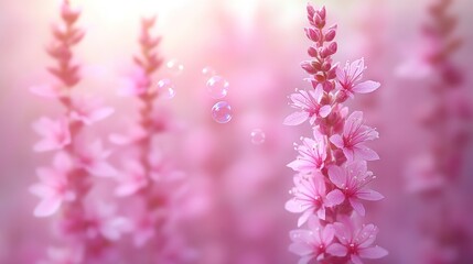 Naklejka premium Pink flowers with soap bubbles in sunlight.