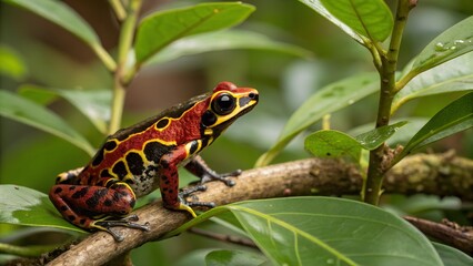 Vibrant Poison Dart Frog: A stunning poison dart frog, its body adorned with striking red and black patterns, perches on a branch amid lush green foliage.