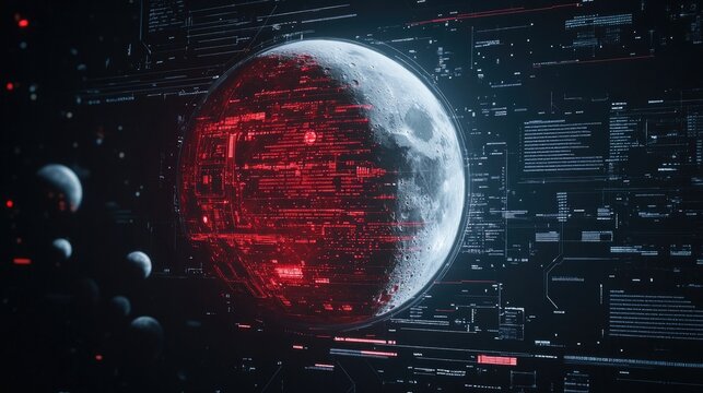 Red futuristic HUD display scanning and analyzing data around half red moon satellite, motion graphic for cyber and sci-fi technology concept