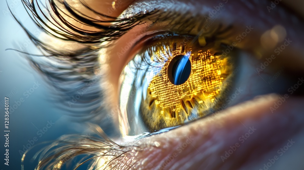 Poster close up of an eye with golden iris featuring an intricate electronic circuit, reflecting technologi