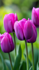 Purple tulips, green stems, macro photography
