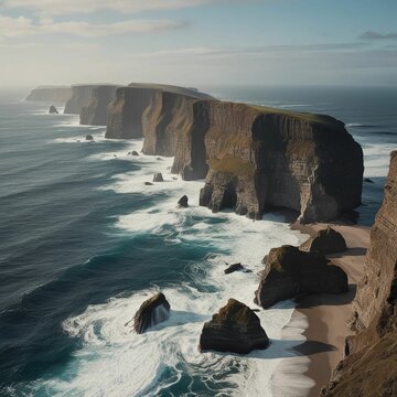 awe-inspiring cliffs that stretch along vast ocean showcase wild and untamed beauty of shoreline, with waves crashing against rocks, creating an eternal and irresistible allure where land and sea beco