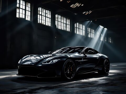  a sleek sports car bathed in the glow of a solitary streetlight in a dark urban setting. The car's elegant silhouette emerges from the shadows, contrasted beautifully against the soft blue light. The