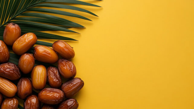 Dates forming layout and palm leaves bring tropical,sweetness taste