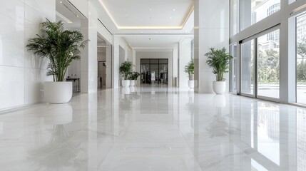 Fototapeta premium Bright modern office lobby with polished marble floors and green potted plants during daytime.
