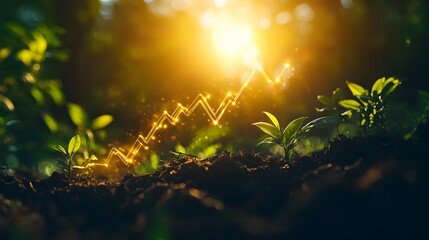 An abstract financial concept image showcasing a bright upward-trending stock market graph emerging from the ground, surrounded by lush greenery and illuminated by warm golden light, signifying 