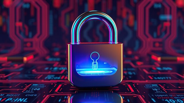 An image representing internet security. A three-dimensional, transparent padlock icon with an iridescent, glossy finish in rainbow colors. A dark, black background.