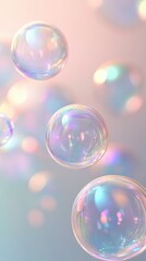 Ephemeral Bubbles: A captivating display of iridescent soap bubbles floating gently against a soft, pastel backdrop, creating a whimsical and dreamlike atmosphere. 