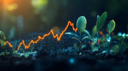 A digital stock market graph with glowing neon blue and orange lines rising against a blurred natural background, featuring small plants growing in the foreground to symbolize financial growth 