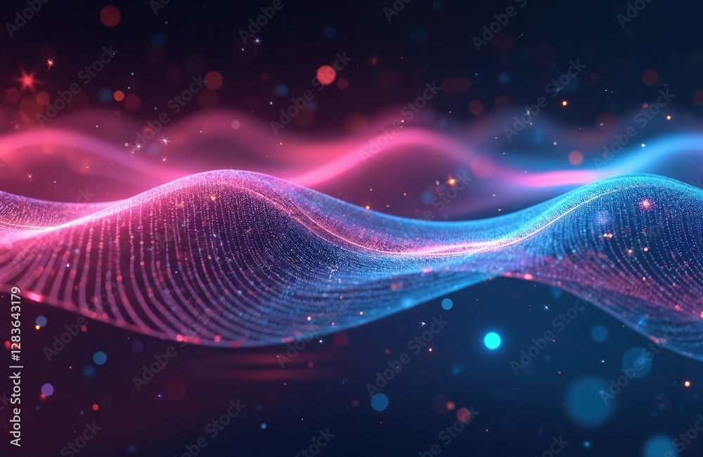 Poster abstract futuristic background with pink blue glowing neon moving wave lines, bokeh lights. data tra