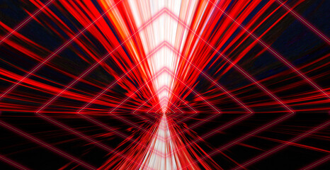 Dark, futuristic, scientific banner background with a sense of urgency as a series of triangular illuminations and red neon light rays pass by.