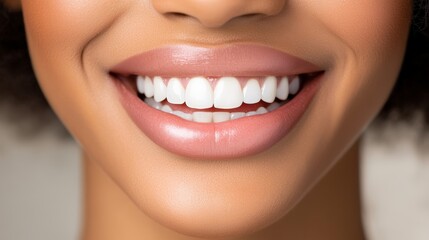 Obraz premium Close up of a smiling woman showing her perfect white teeth and beautiful plump lips, showcasing excellent oral hygiene and cosmetic beauty