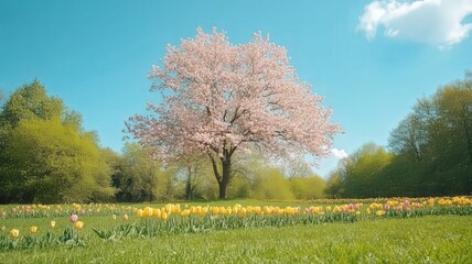 Pink Cherry Tree in Bloom with Yellow Tulips in Sunny Field