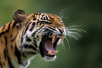 Obraz premium Majestic tiger roaring in a lush green habitat during daylight