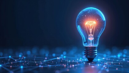 Abstract glowing light bulb on dark blue tech background with neon frame style. Innovation, idea generation, solution searching concept. Great for tech companies presentation, business, science