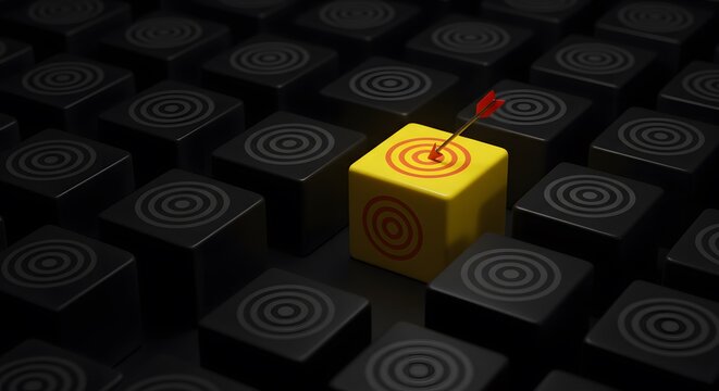 The arrow hit the highlighted target. Advertising, marketing, and targeting. Right on the bull's-eye. Success. Choose a goal, and define a task. Purposefulness and insight. Succeed in work. 