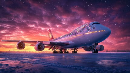 Obraz premium Whimsical journey of a decorated airplane in a snowy night sky