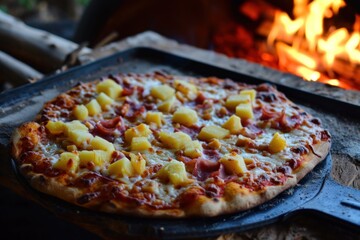 Hawaiian Pineapple Pizza. Pizza Hawaiian, Classic Pizza with Tomato Sauce, Mozzarella Cheese, Pineapple, and Ham, Sweet and Savory Pizza Isolated on Background with Copy Space.