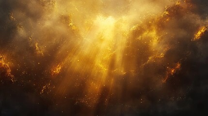 Obraz premium Golden Light Bursting Through Clouds: A breathtaking spectacle of celestial beauty, where radiant golden light streams dramatically through the swirling, textured depths of a turbulent, ominous sky.