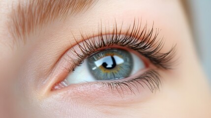 Obraz premium Macro close up of beautiful female eye showcasing long, dark eyelashes, a vibrant green iris, and healthy skin, emphasizing concepts of beauty, vision, and cosmetology