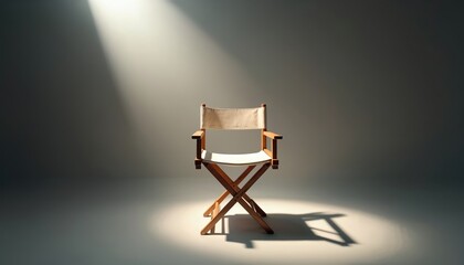 Classic director chair in spotlight on empty stage set. Wooden armchair with canvas seat, back. Symbol of filmmaking process, creative work, studio atmosphere. Equipment for movie production.