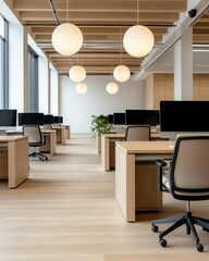 Acoustic ceiling sound absorb. A modern, minimalistic office space featuring wooden accents, large windows, and pendant lighting, designed for productivity and collaboration.