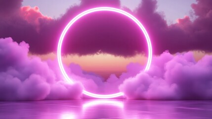 Magical neon circle portal amidst dreamy clouds in a vibrant twilight sky
