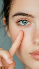 Fototapeta premium Caucasian woman is touching her face skin under eye with finger demonstrating healthy skin, perfect vision and eyelid after cosmetology or surgery