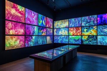 immersive media wall installation with multiple screens showing vibrant content contemporary gallery setting