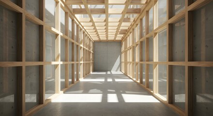 Fototapeta premium A wooden framework in sunlight, symbolizing structural drying after water damage. 