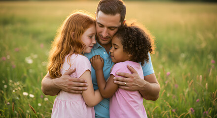 Fototapeta premium A father embraces his two daughters in a grassy field during sunset, conveying warmth and affection. The girls, one with red hair and the other with curly hair, wear pink dresses.