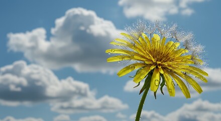 Dandelion head partially transformed into seeds against a cloudy sky