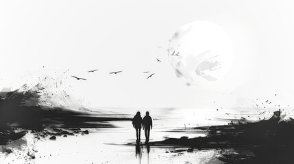 Couple walking on a beach with a large moon in the background