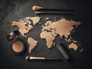 A creative composition featuring a world map made of makeup powder, surrounded by brushes and cosmetic products on a dark surface.