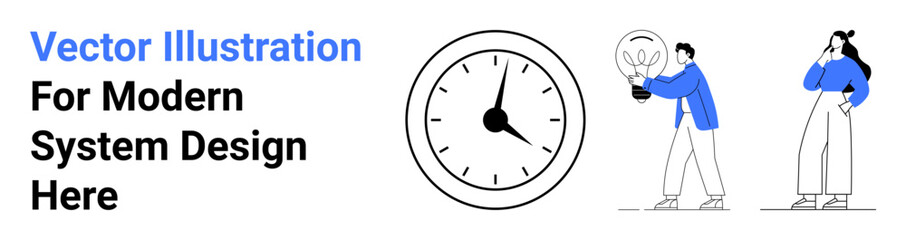 Clock symbolizing time, person holding lightbulb for innovation, thoughtful figure for planning. Ideal for creativity, productivity, brainstorming, innovation, time management, design thinking flat