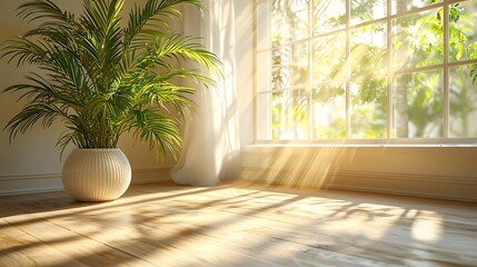 Sunlit Room With Palm Plant In Woven Pot