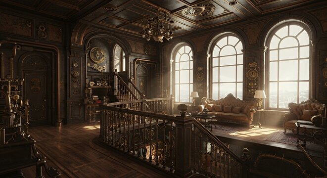 Steampunk Interior with Ornate Details, Large Windows, and Grand Staircase