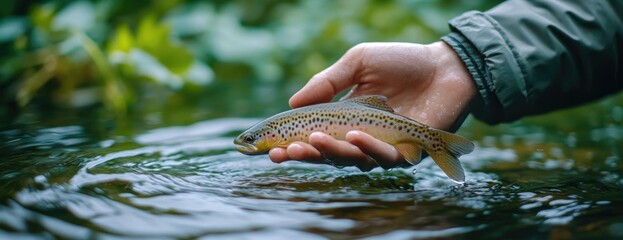 Fisherman releasing trout in river, nature background