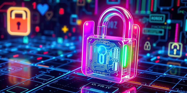 An image representing internet security. A three-dimensional, transparent padlock icon with an iridescent, glossy finish in rainbow colors. A dark, black background. - Powered by Adobe