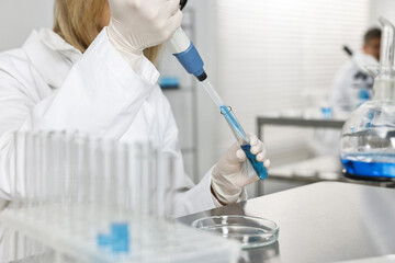 Fototapeta premium Scientist with micropipette and test tube working in laboratory, closeup