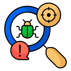 Virus under magnifying glass, debugging icon