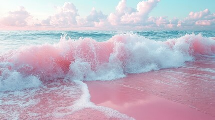 Pink beach sunrise waves, dreamy coastal scene, tranquil nature, perfect for background, social media