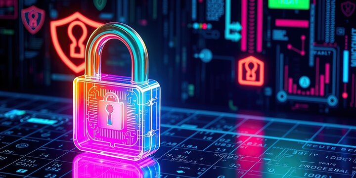 An image representing internet security. A three-dimensional, transparent padlock icon with an iridescent, glossy finish in rainbow colors. A dark, black background.