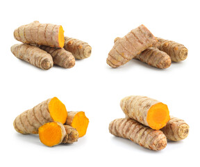 Set of turmeric roots isolated on white