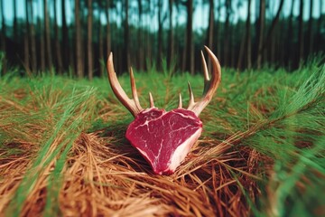 Unique artistic display of deer antlers with a steak placed on forest floor amidst pine needles