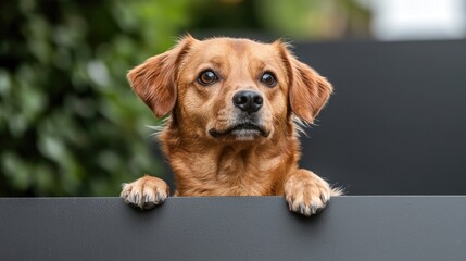 Dog looking over a dark fence in a garden. Possible use Stock photo for pet adoption campaigns