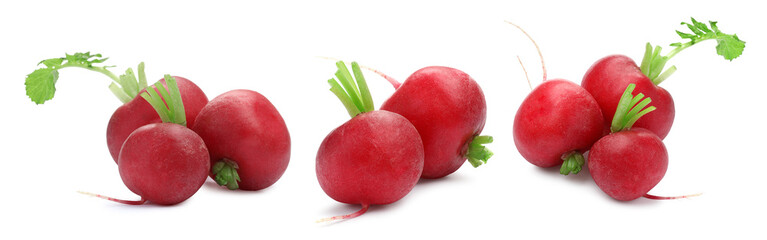 Many fresh radishes isolated on white, set