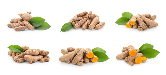 Set of turmeric roots and green leaves isolated on white