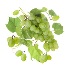 Fresh grapes in air on white background