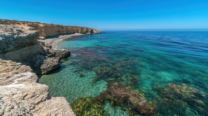 Rocky Shoreline and Crystal Clear Turquoise Sea Under a Vivid Blue Sky